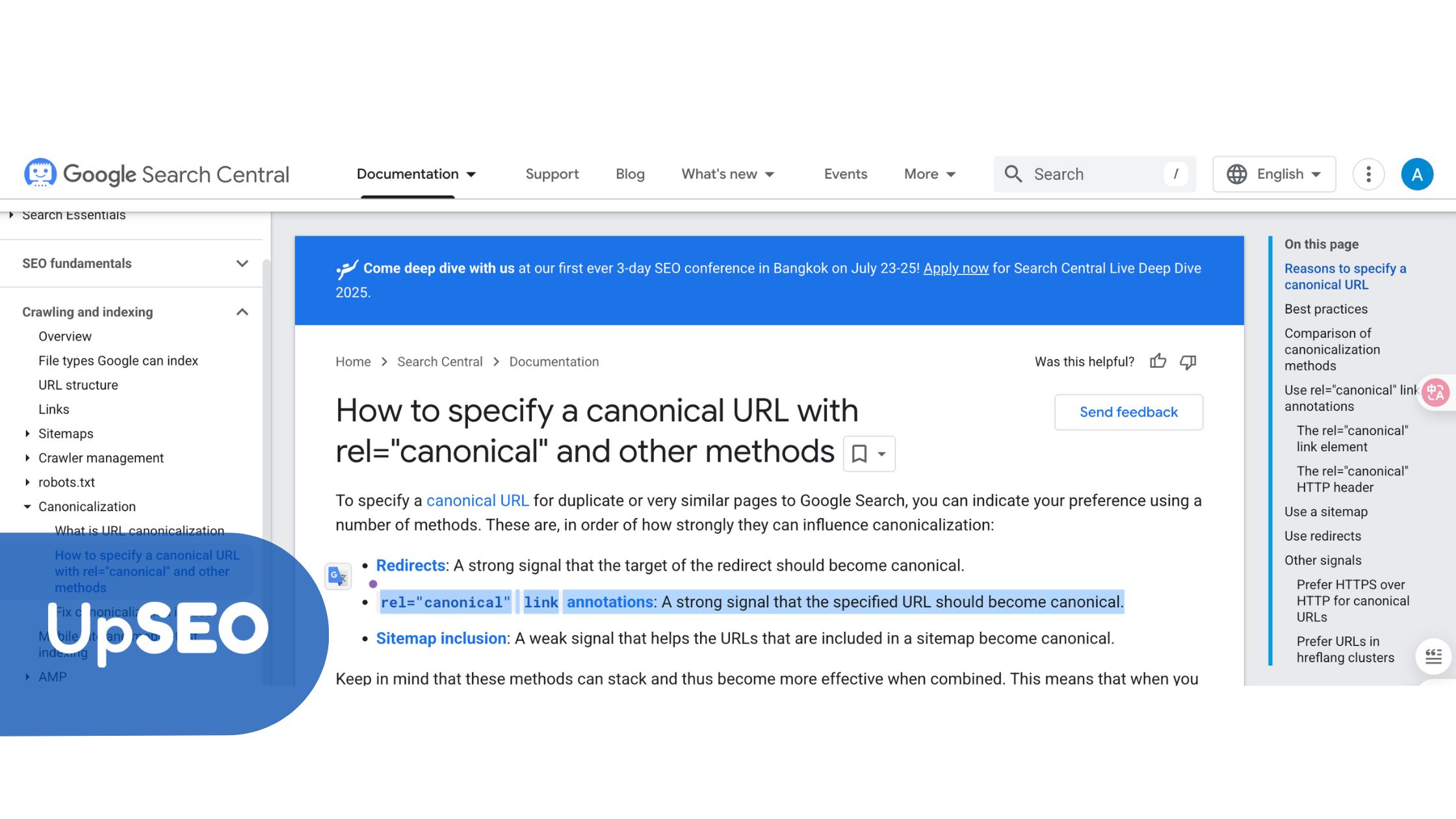 Google Search Central guide on canonical URLs with UpSEO, illustrating methods to prevent duplicate content using rel="canonical" tags.