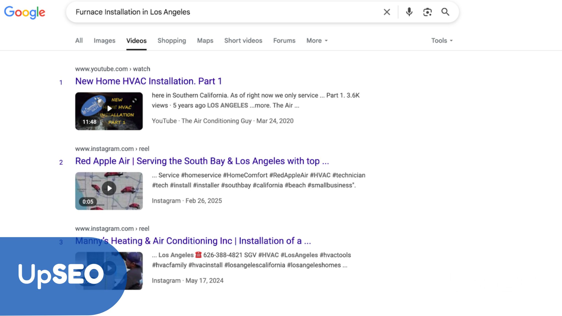 Google search results for "Furnace Installation in Los Angeles" with UpSEO, showcasing HVAC installation videos for local SEO optimization.