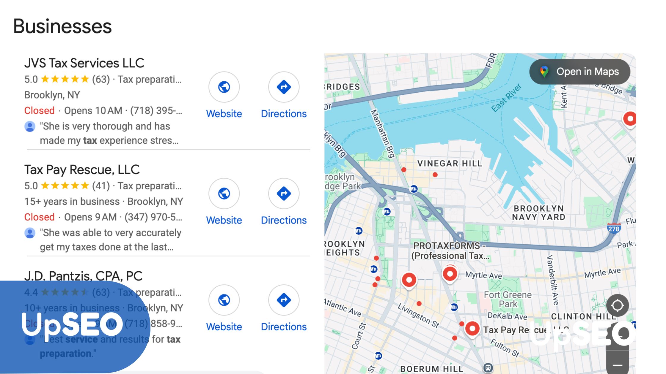 Google Maps search results for "tax preparation" in Brooklyn with UpSEO , highlighting local tax service listings and interactive tax calculators.