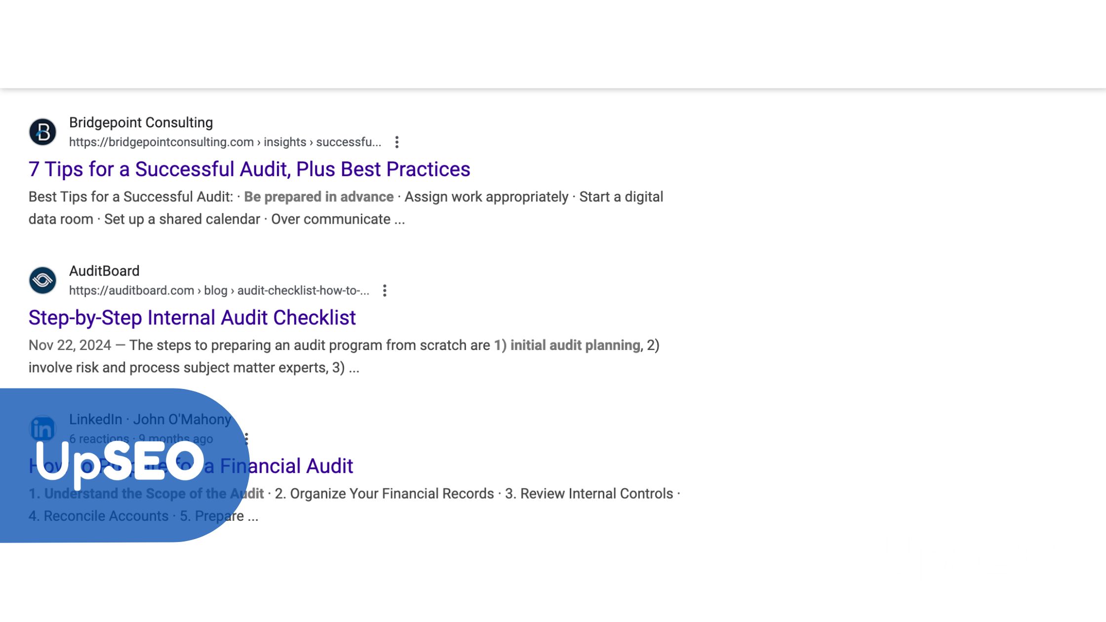 Search results snippet with UpSEO , showcasing articles on successful audit tips and internal audit checklists for accounting SEO enhancement.