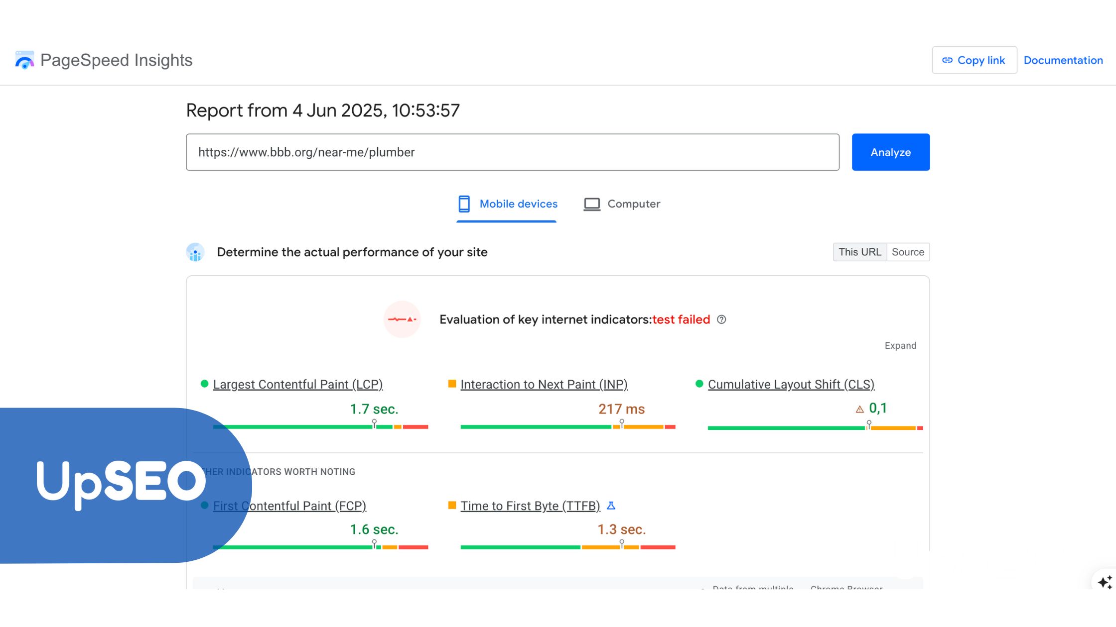 PageSpeed Insights report for "plumber near me" with UpSEO , showing mobile performance metrics to optimize accounting website speed and user experience.