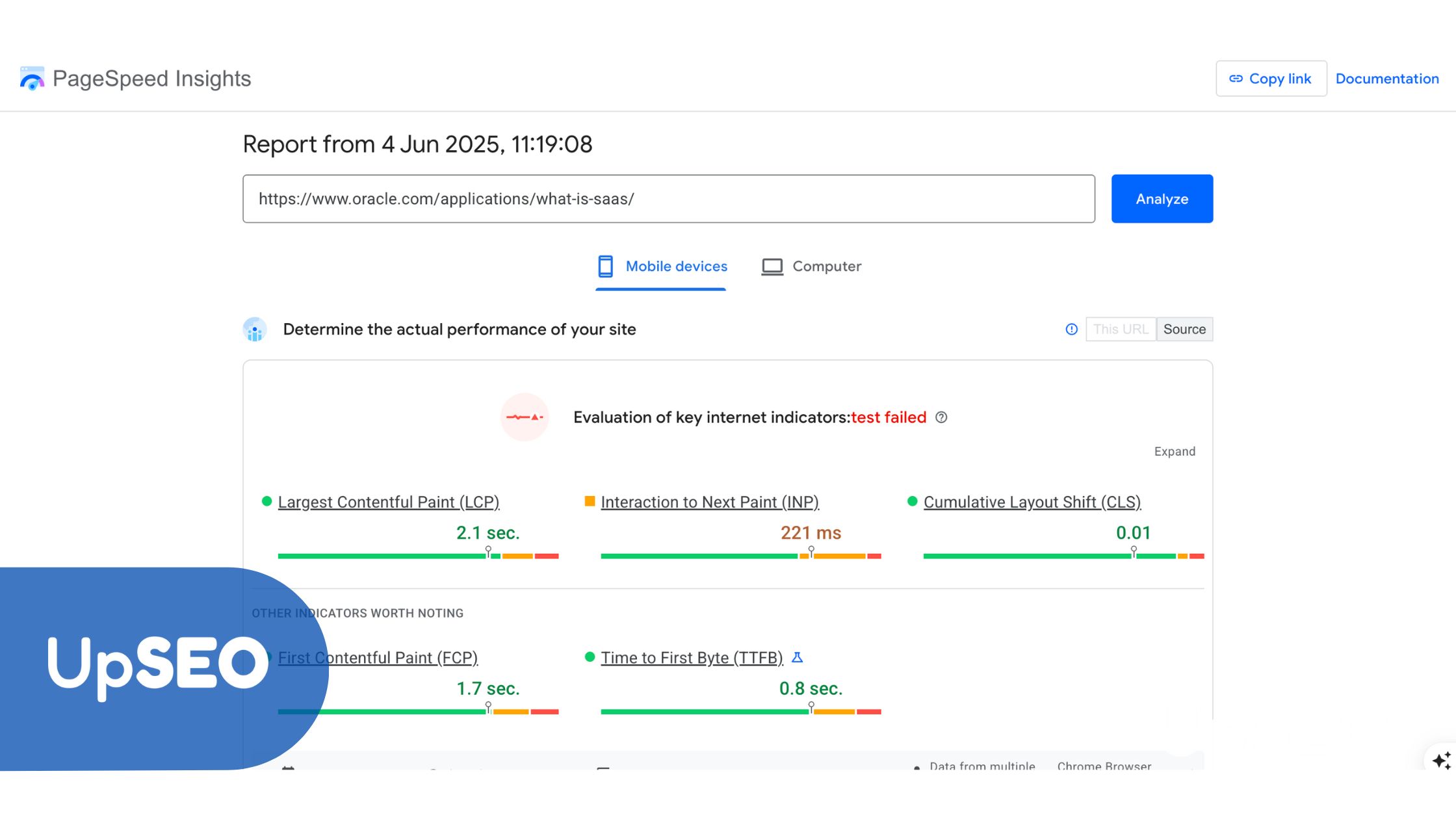 PageSpeed Insights report for "what-is-saas" on oracle.com with UpSEO, showing performance metrics to enhance SaaS pricing page speed and user experience.
