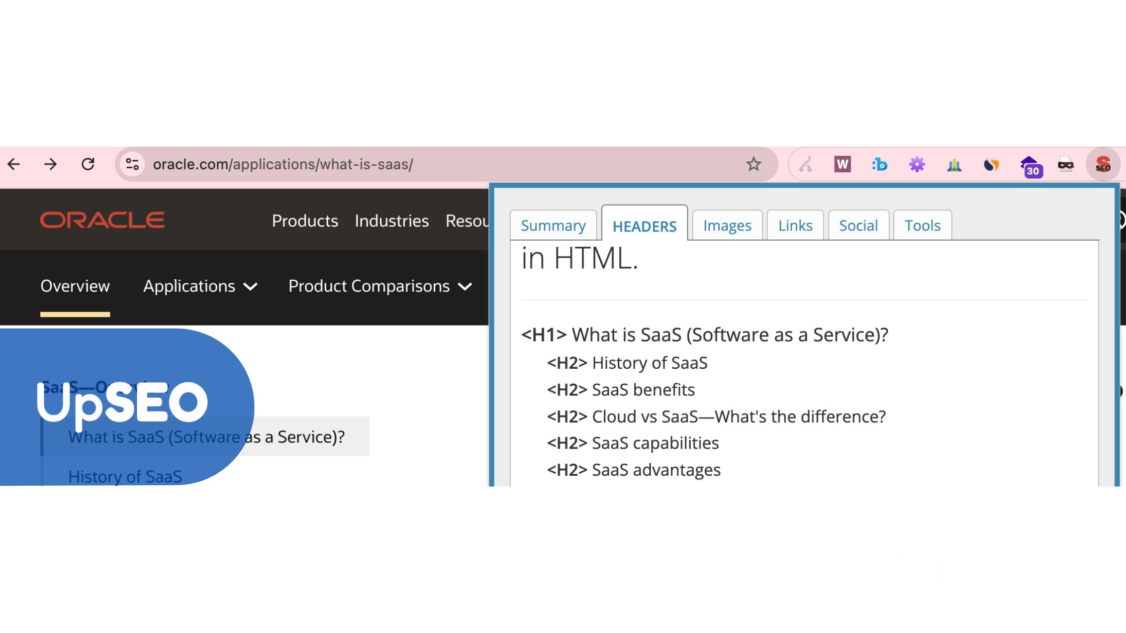 Web page view of oracle.com/what-is-saas with UpSEO, highlighting HTML heading structure (H1, H2) for optimized SaaS content creation.