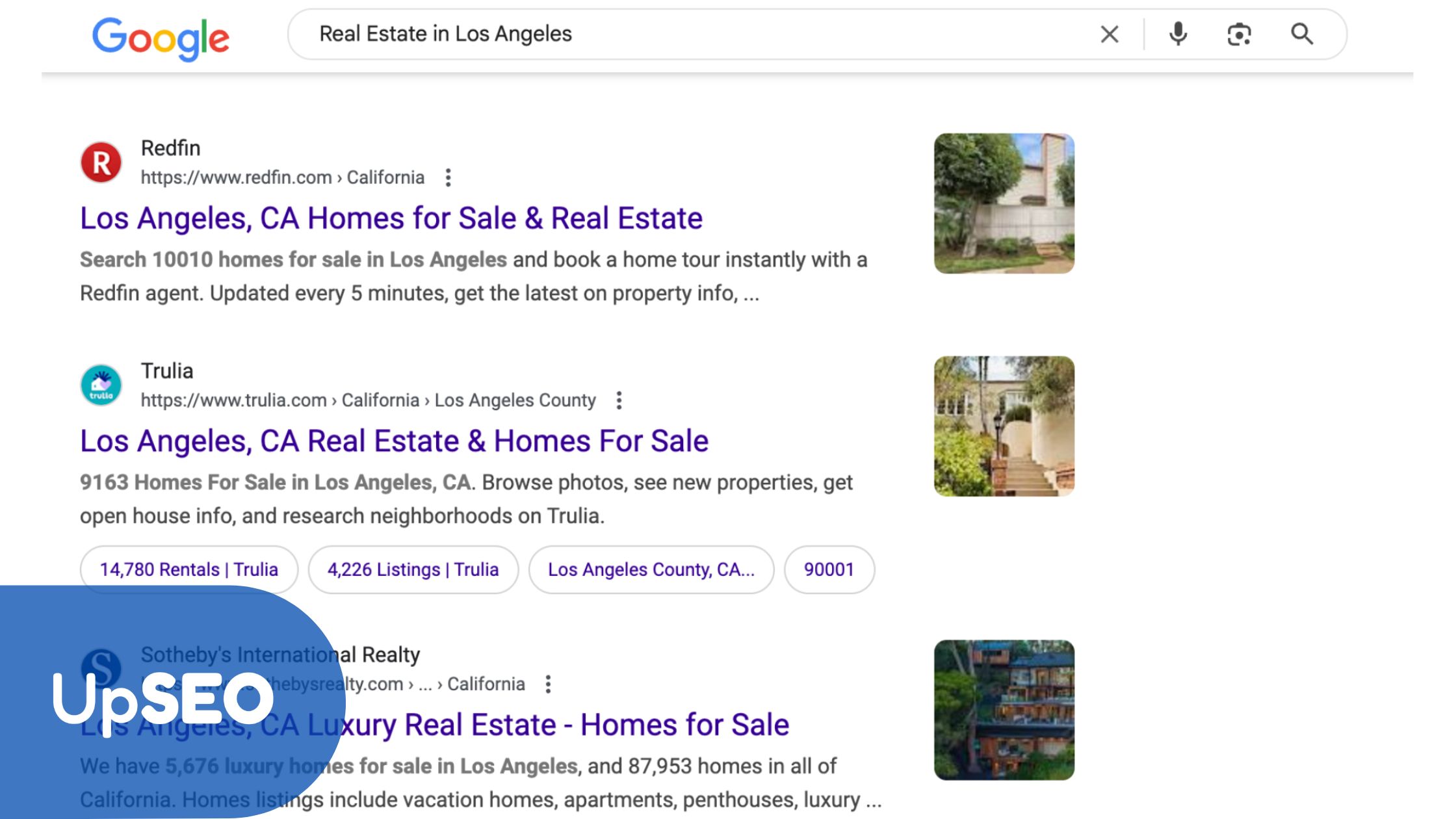 Google search results for Los Angeles real estate with UpSEO, highlighting affordable SEO alternatives for real estate agents to boost online presence.