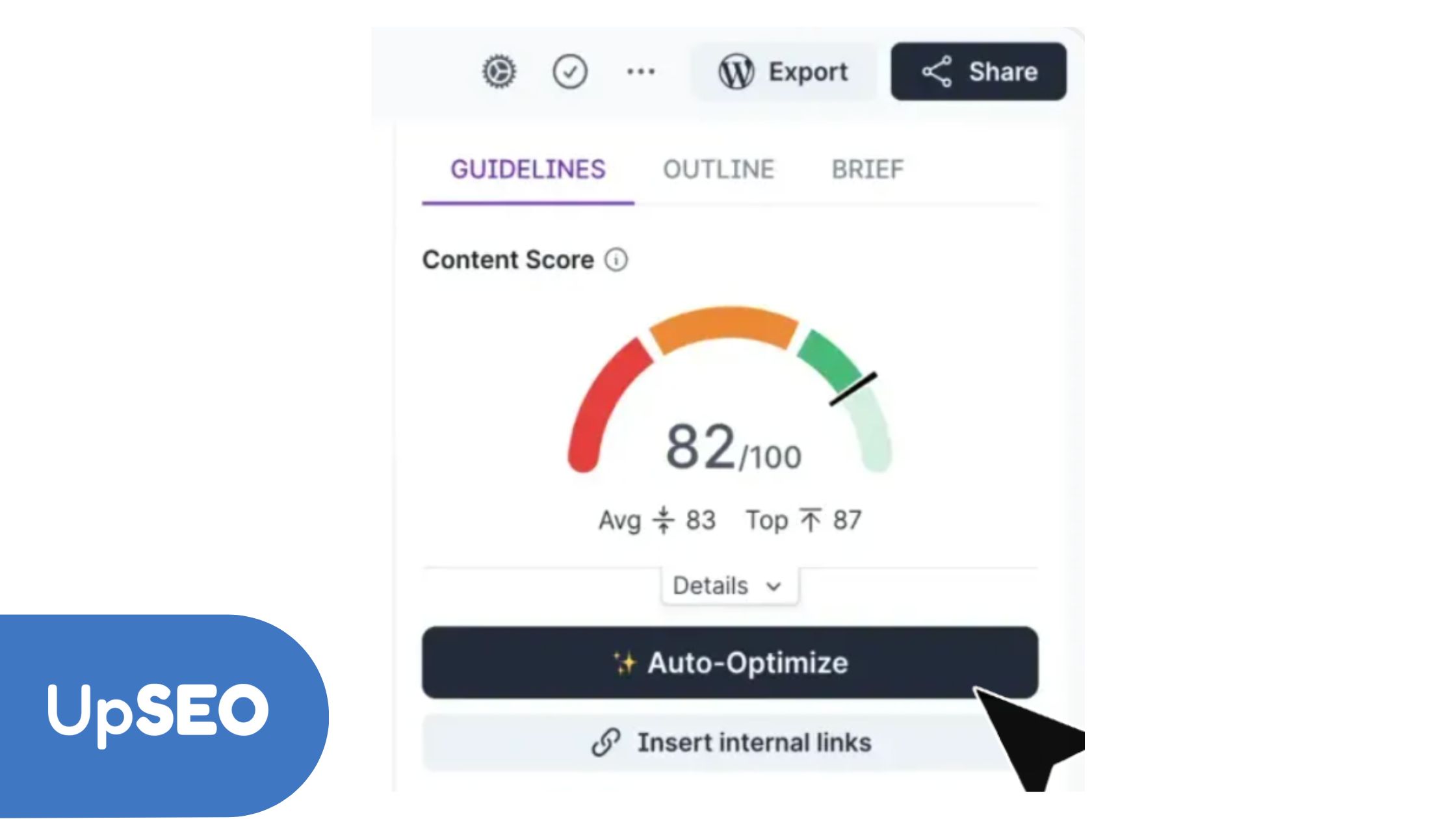 Content score dashboard with UpSEO, showing an 82/100 score and auto-optimize option for compliant fintech SEO content creation.