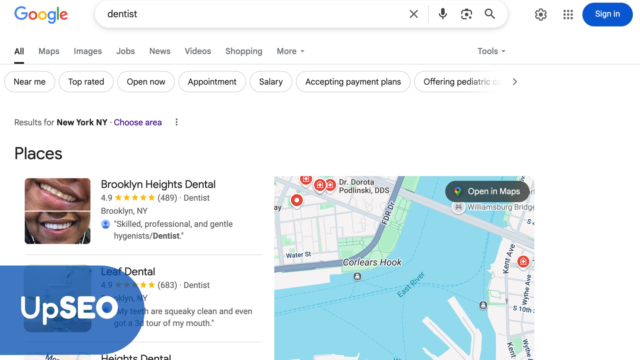 Google Maps search results for "dentist" in New York with UpSEO, highlighting top-rated local dental clinics to boost patient acquisition and visibility.