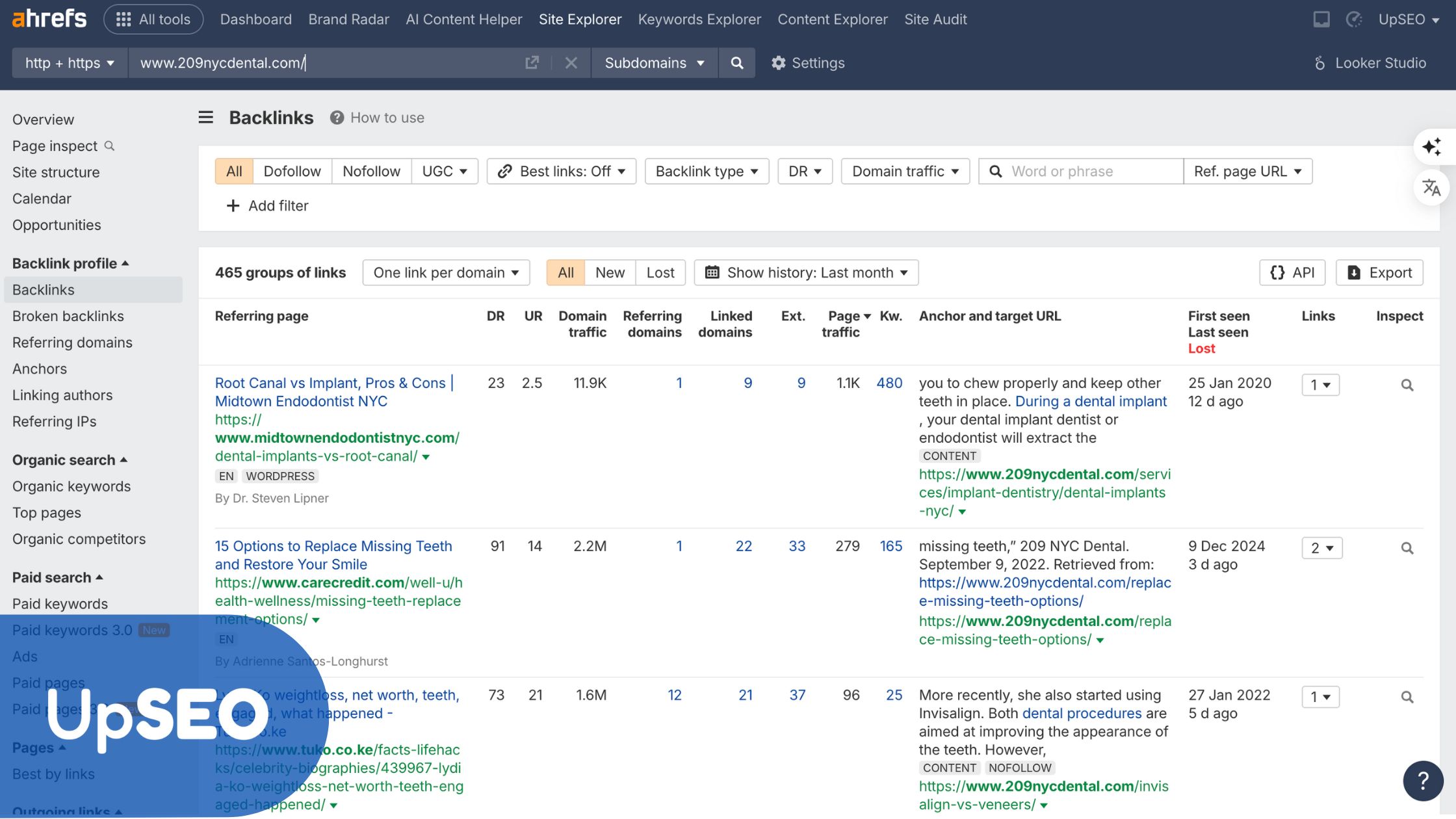 Ahrefs Backlinks overview for 209NYCDental.com with UpSEO, highlighting backlink profiles to enhance dental practice authority and patient trust.