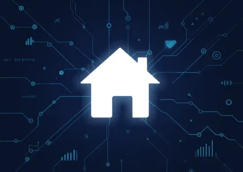 White silhouette of a modern house on a deep navy blue background with light blue SEO network lines, data connections, and upward arrows, symbolizing real estate digital marketing