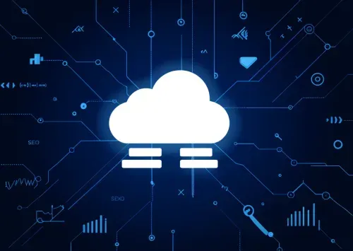 White cloud server icon centered on a dark blue background with glowing light blue data streams, neural nodes, and growth metrics, representing SaaS SEO optimization