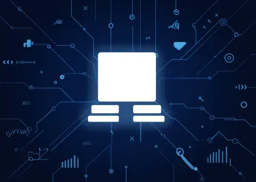 White thermostat icon on a navy background with light blue airflow vectors and interconnected SEO analytics patterns, illustrating HVAC service visibility