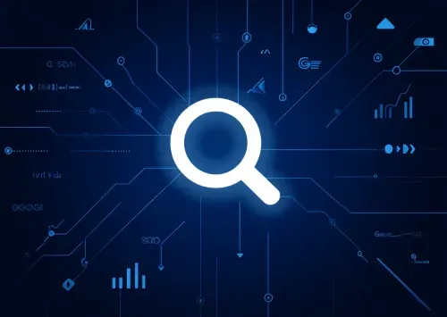 White silhouette of a modern house on a deep navy blue background with light blue SEO network lines, data connections, and upward arrows, symbolizing real estate digital marketing