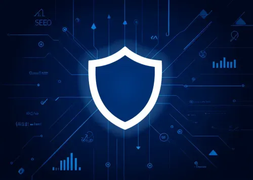 White shield icon on a deep blue background with glowing light blue trust signals, network nodes, and search query pathways, symbolizing insurance SEO