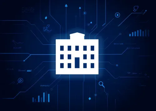 White hotel building with a bed symbol in the center, set against a navy backdrop with light blue booking trends, traffic flows, and SEO signals