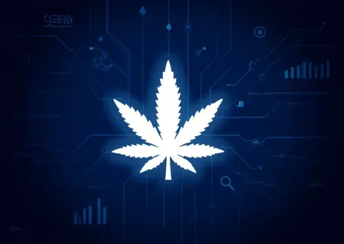 White cannabis leaf centered on a dark blue canvas with light blue neural network lines, SEO data clusters, and upward growth arrows for digital visibility