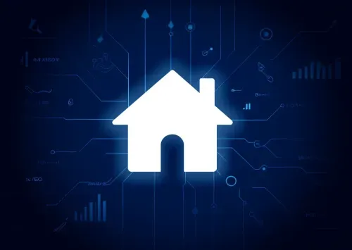 White key merging with a magnifying glass over a house, floating on a deep navy background with glowing keyword clusters and search ranking graphs