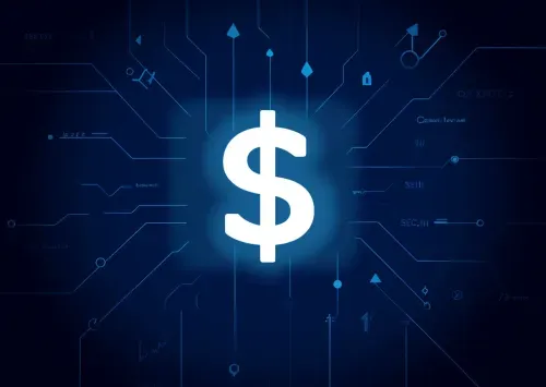 White dollar sign with an upward financial graph, integrated into a light blue digital web of SEO algorithms, data flows, and fintech visibility signals