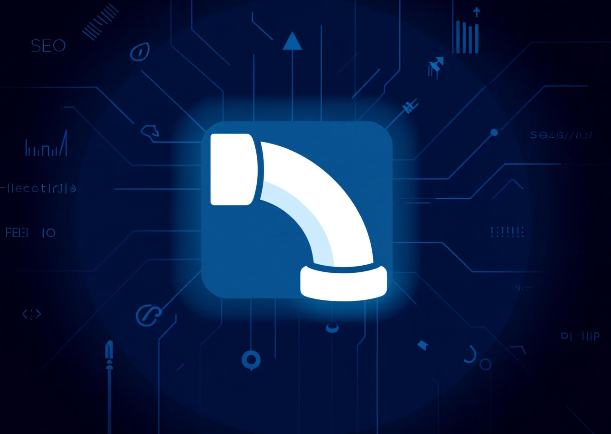 White wrench icon on a navy background with local map pins, pipe-like connections, and glowing light blue SEO pathways for service-area ranking