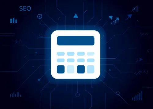 White calculator with an open ledger book, surrounded by light blue financial charts, audit trails, and SEO performance indicators on a dark background