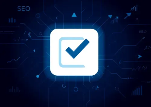 White checklist with a green checkmark, centered on a deep blue background with interconnected SEO nodes, cloud metrics, and optimization pathways