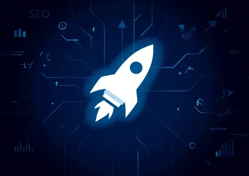 White rocket launching upward on a navy backdrop with light blue trajectories of fast SEO wins, traffic spikes, and scalable digital growth patterns