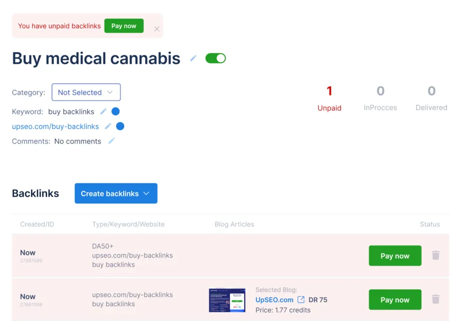 UpSEO dashboard for buying backlinks