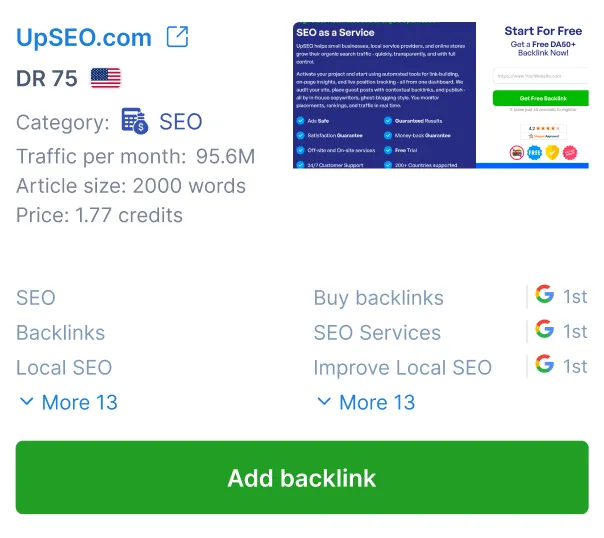 UpSEO dashboard showing backlink opportunities and metrics