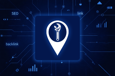 White silhouette of a modern house on a deep navy blue background with light blue SEO network lines, data connections, and upward arrows, symbolizing real estate digital marketing
