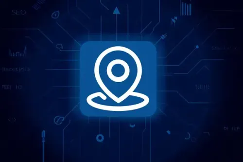 White silhouette of a modern house on a deep navy blue background with light blue SEO network lines, data connections, and upward arrows, symbolizing real estate digital marketing