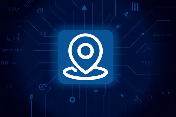 White silhouette of a modern house on a deep navy blue background with light blue SEO network lines, data connections, and upward arrows, symbolizing real estate digital marketing