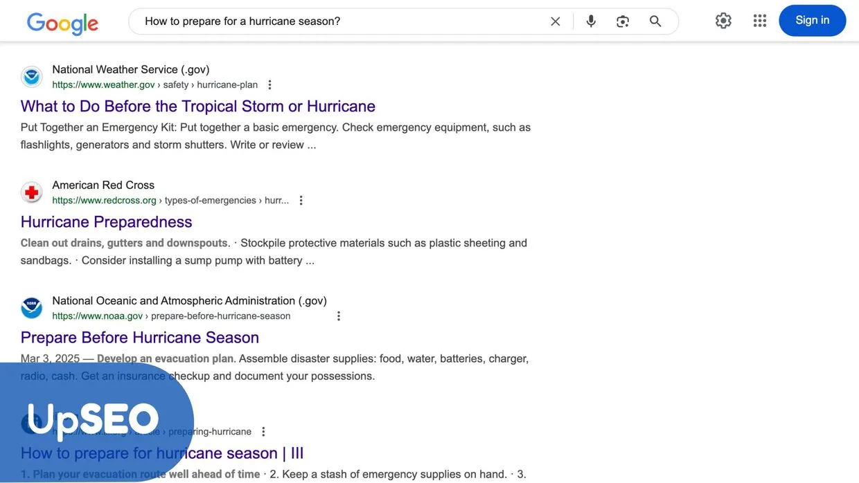 Google search results for "how to prepare for a hurricane season" with UpSEO, highlighting emergency preparation guides for enhanced visibility.