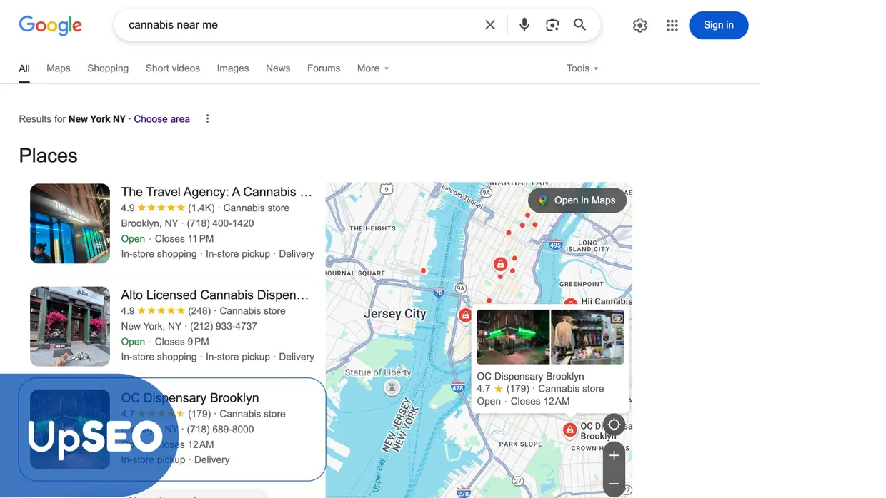 Google Maps search results for "cannabis near me" in New York with UpSEO, highlighting top dispensaries and the importance of customer reviews.