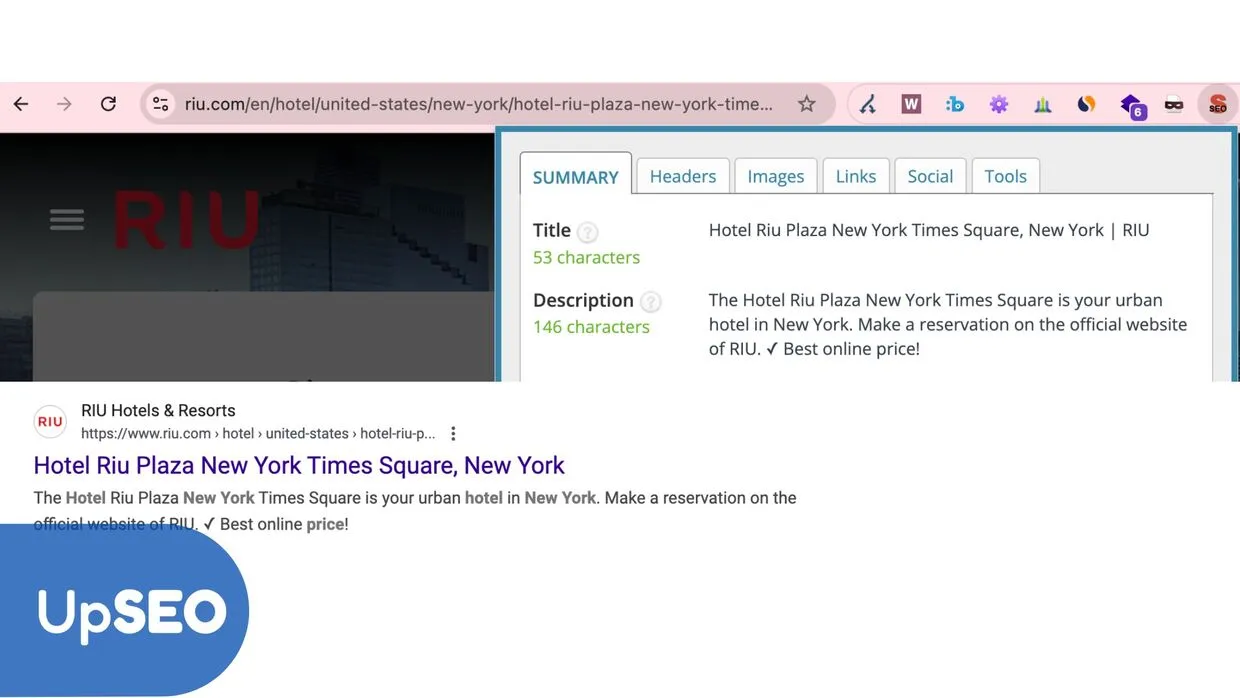 SEO analysis of Hotel Riu Plaza New York Times Square page with UpSEO, highlighting effective meta description strategies for hotel bookings.
