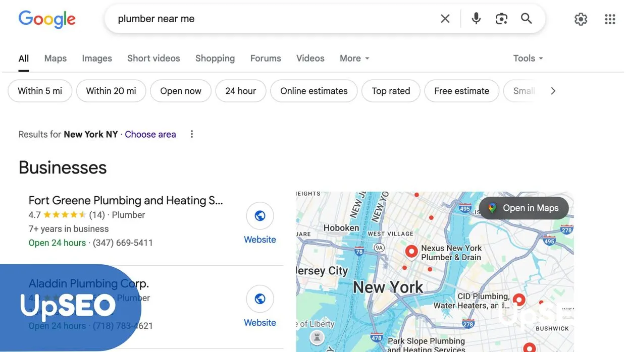 Google Maps search results for "plumber near me" in New York with UpSEO, highlighting optimized Google My Business profiles for local plumbing services.