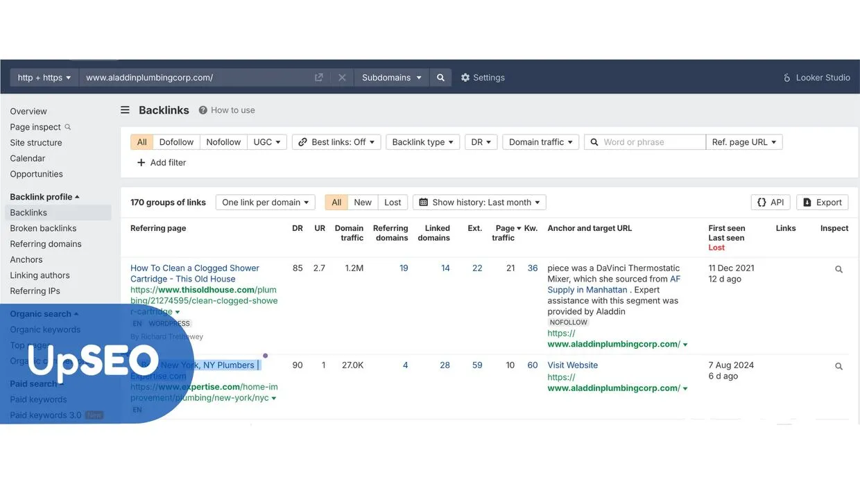 Ahrefs Backlinks profile for aladdinplumbingcorp.com with UpSEO, showcasing local backlinks to enhance plumbing business credibility and rankings.