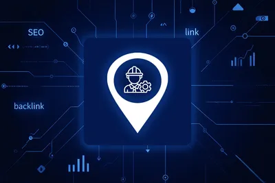 White silhouette of a modern house on a deep navy blue background with light blue SEO network lines, data connections, and upward arrows, symbolizing real estate digital marketing