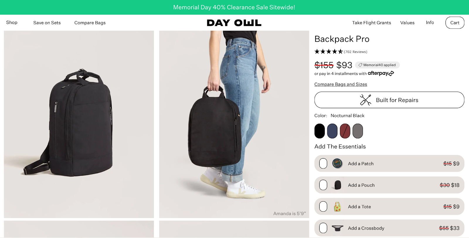Day Owl's product detail page for the Backpack Pro