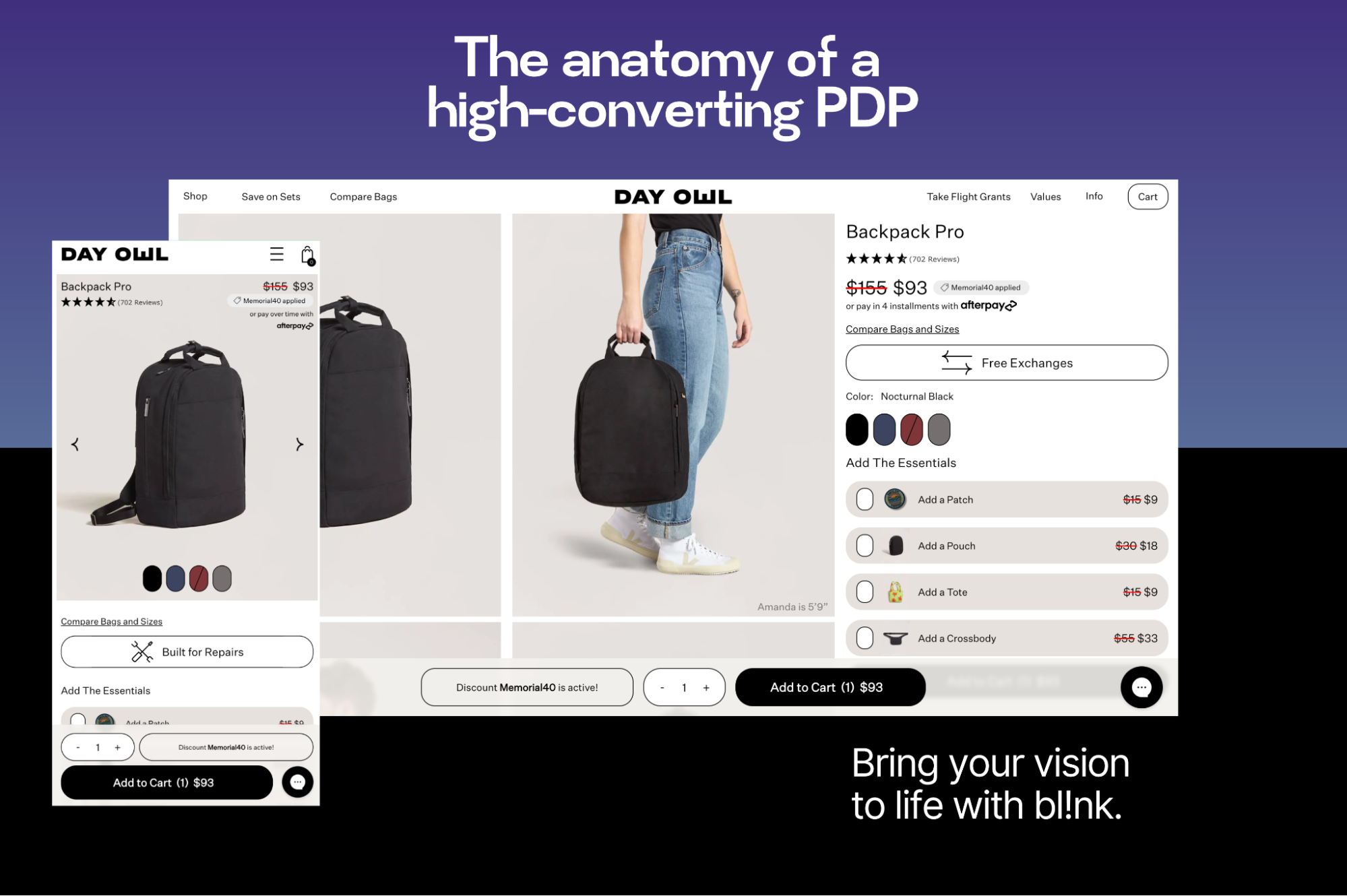 The anatomy of a high-converting PDP with desktop and mobile renderings of Day Owl's product description pages with text reading "Bring your vision to life with bl!nk"