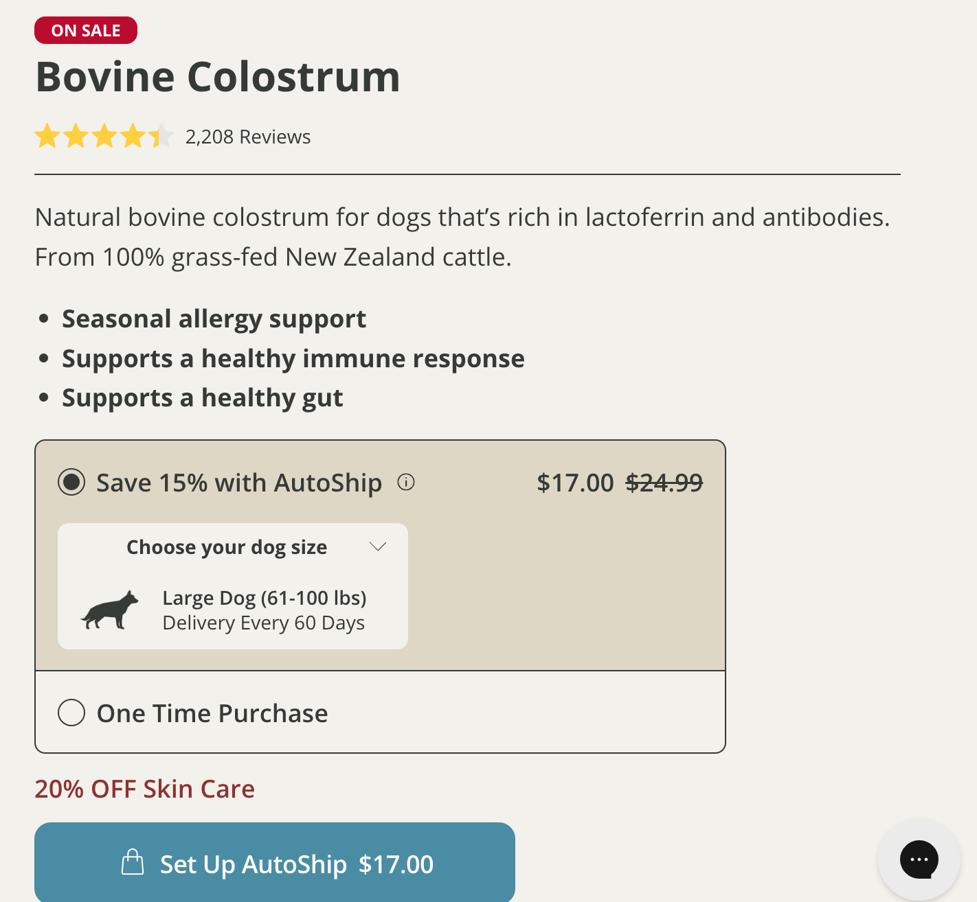 Four Leaf Rover Bovine Colostrum PDP with discounted pricing shown for autoship