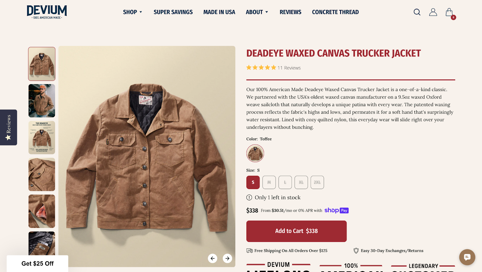 DeviumUSA Deadeye Waxed Canvas Trucker Jacket showing above-the-fold PDP setup