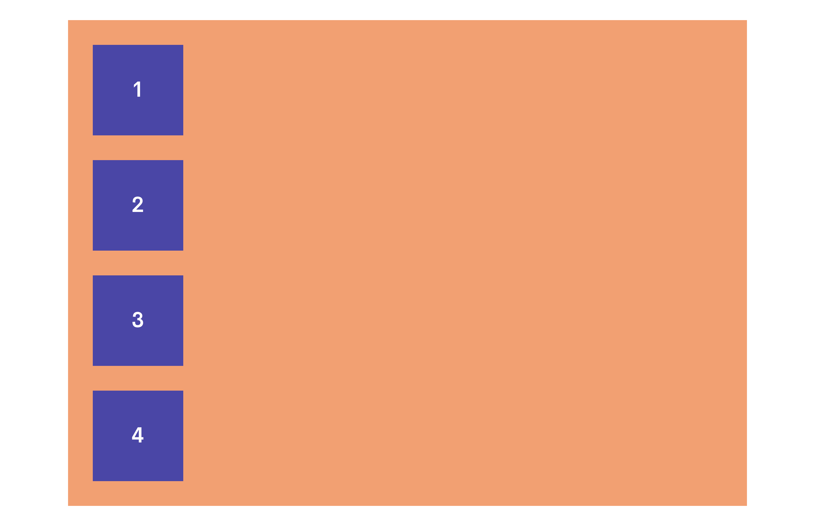 Image of a flex container with all of the child elements lining up in a column (top to bottom) due to the flex container setting flex-direction: column