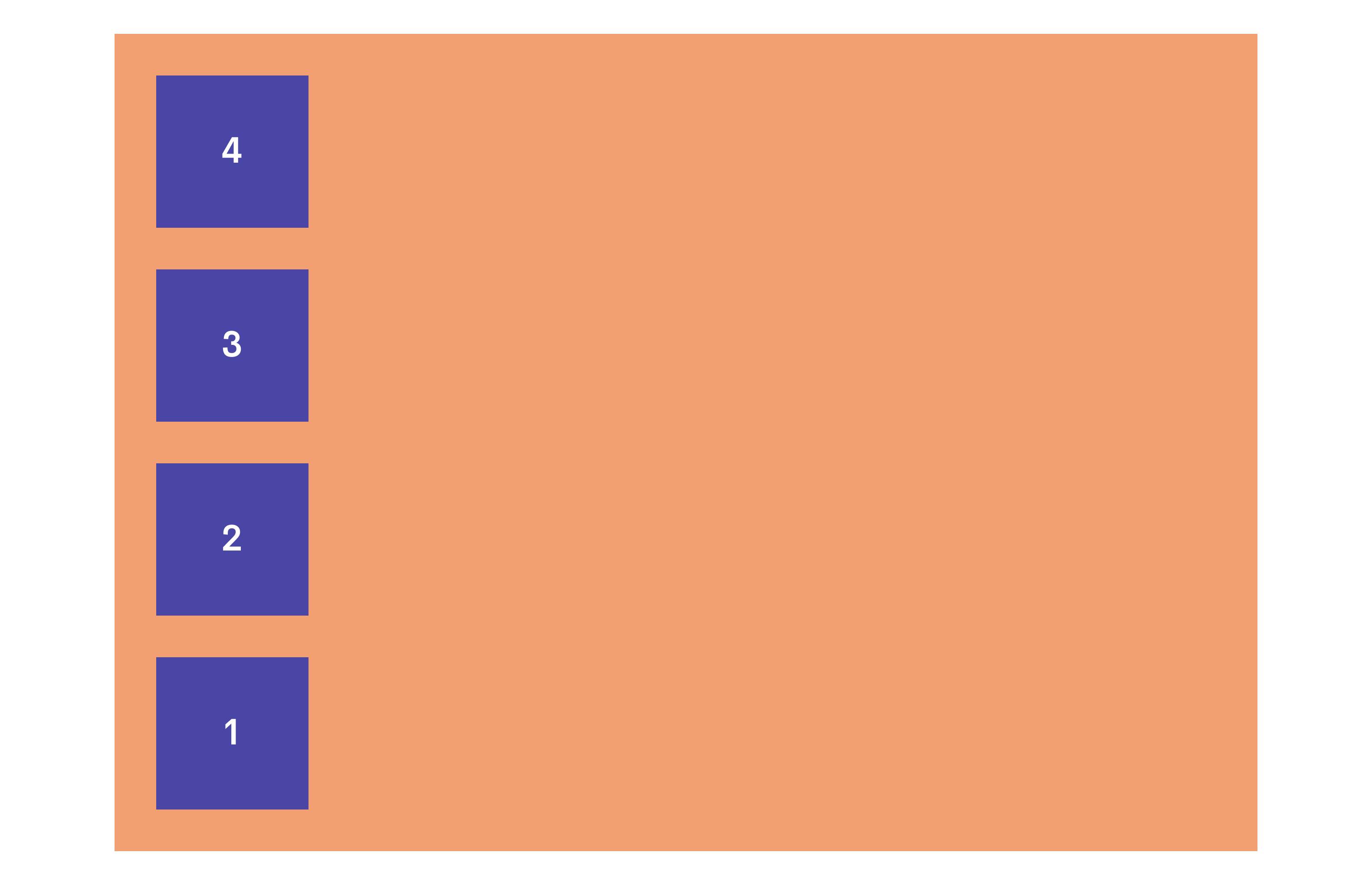 Image of a flex container with all of the child elements lining up in a column (top to bottom) but are visually ordered in the opposite of the original order due to the flex container setting flex-direction: column-reverse