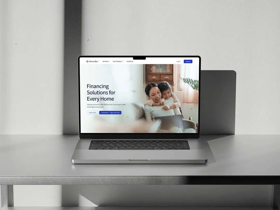 A laptop mockup displaying the homepage of Chowderfinancial.com website.