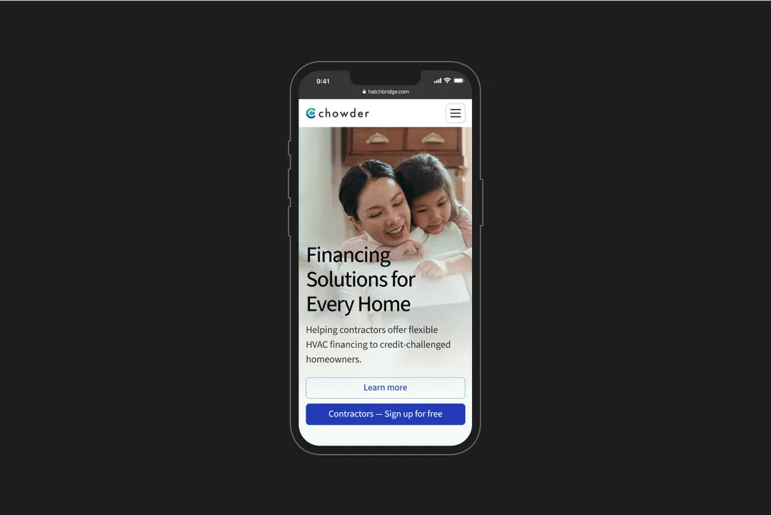 A smartphone mockup displaying the homepage of Chowderfinancial.com website.