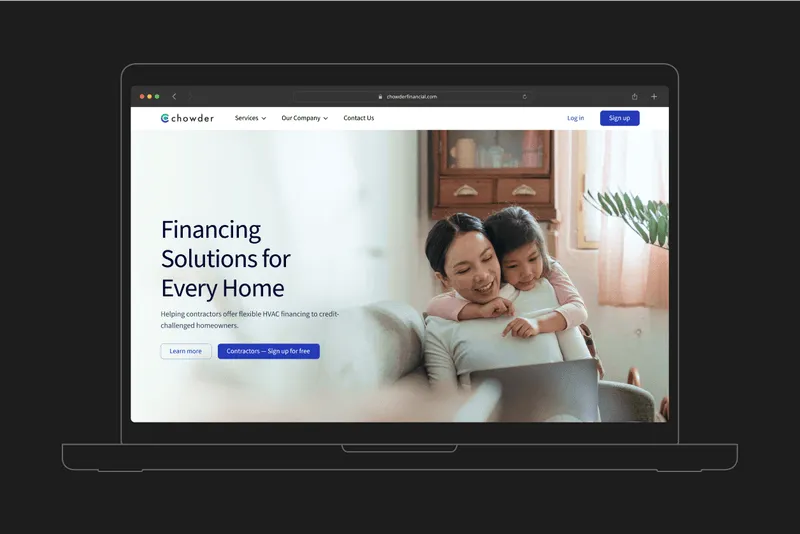 A laptop mockup displaying the homepage of Chowderfinancial.com website.