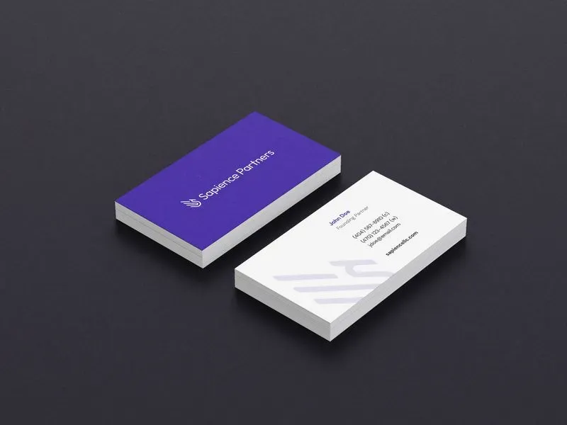 A mockup graphic featuring Sapience Partners' business card design.