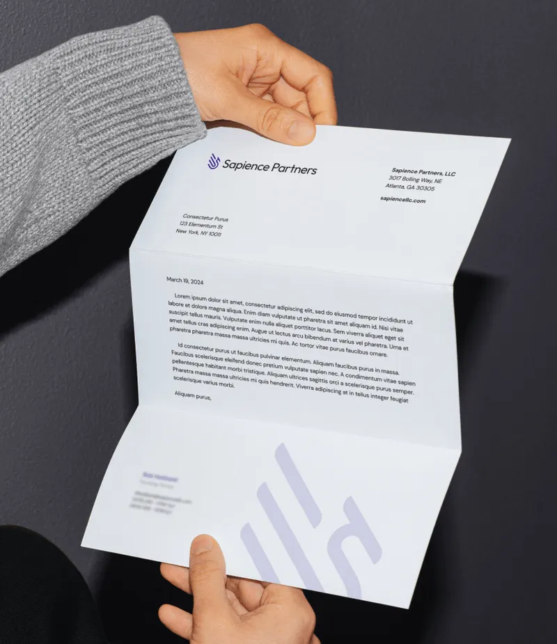 A mockup graphic featuring Sapience Partners' letterhead design.