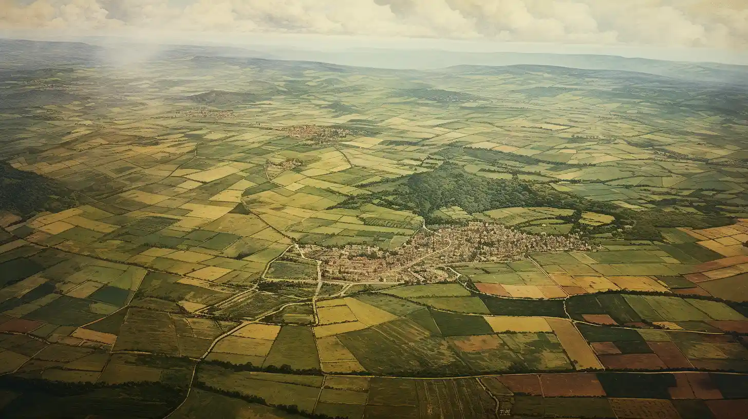 A photo taken with a camera on a kite of French countryside