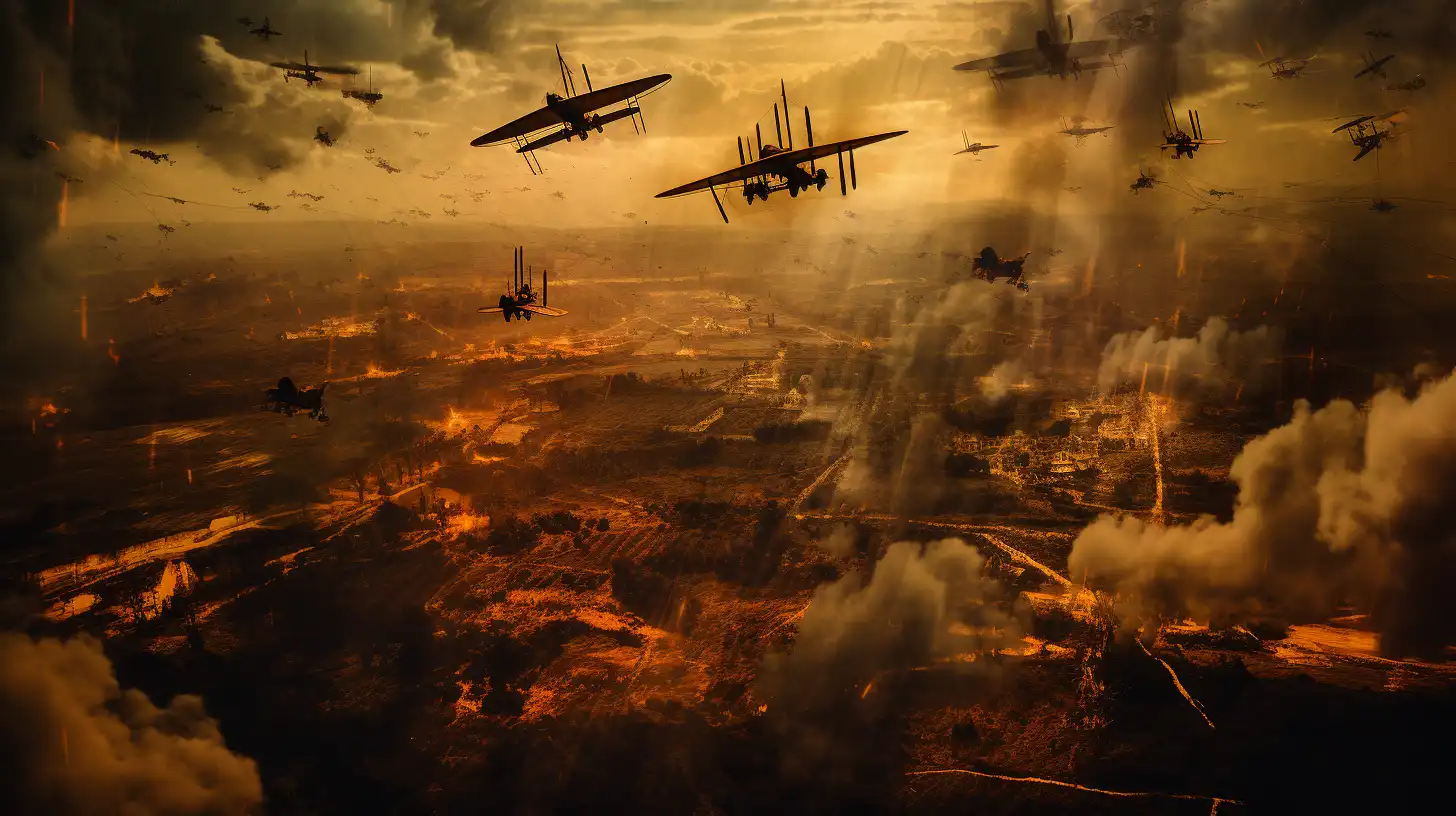 An aerial photograph taken of a battle in Word War 1