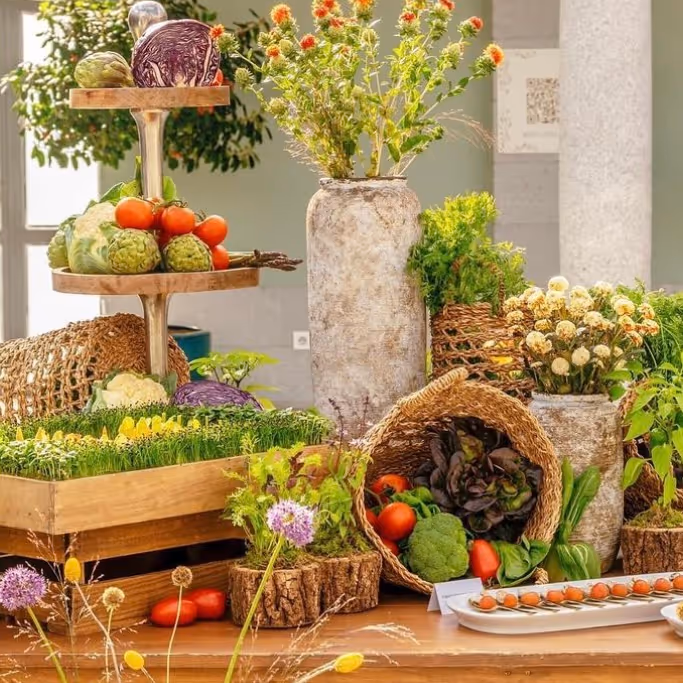 Bodegón rústico con verduras frescas, flores y cestas de mimbre. Catering sostenible y fresco
