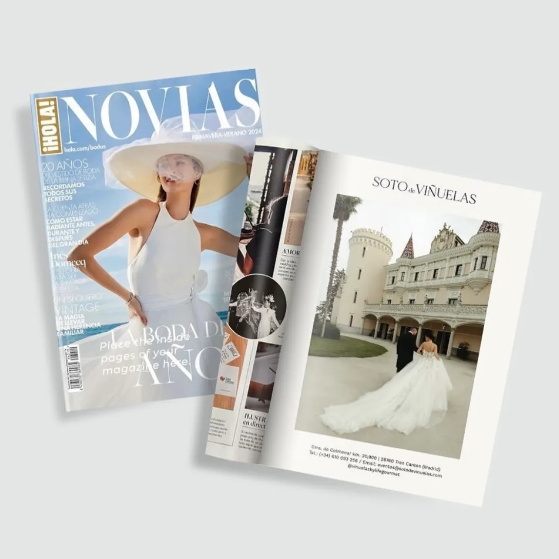 Revista de novias con vestido blanco y página de castillo señorial